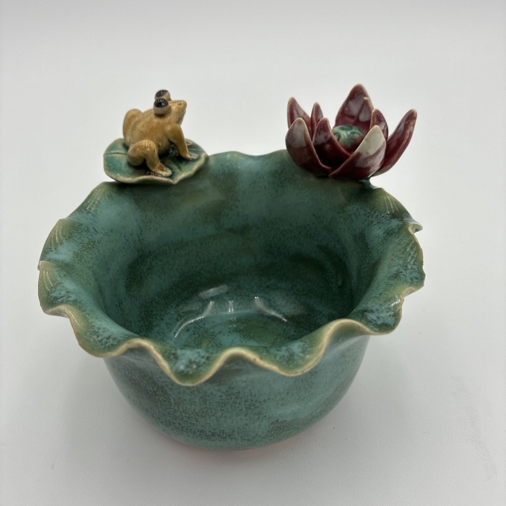 Majolica Pottery Frog Lily Pad Lotus Flower Teal Glaze Bowl Signed Art Piece